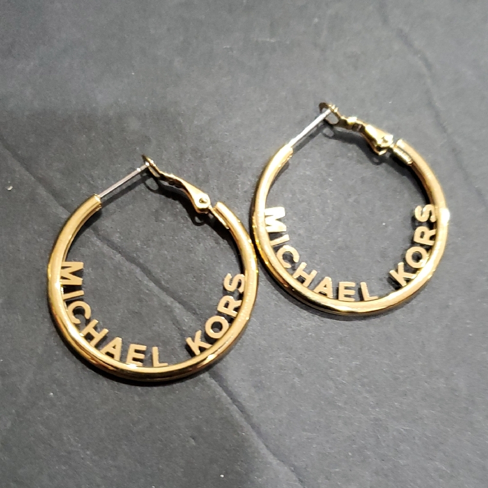 Michael Michael kors gold tone monogram logo mini hoop earrings brand new